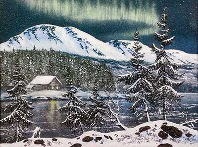 Полярная ночь ночной пейзаж Дом на озере. Картина из каменной крошки художник Кувшинов В.Н.