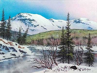 Весенний пейзаж с горами. Весенний день на озере. Картина из каменной крошки художник Кувшинов В.Н.