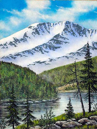 Горный пейзаж, начало лета. Картина из каменной крошки художник Кувшинов В.Н.