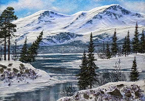 Весенний пейзаж с горами. Картина из каменной крошки художник Кувшинов В.Н.