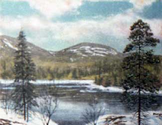 Весна, озеро. Пейзаж с  горами из каменной крошки художник Кувшинов В.Н.