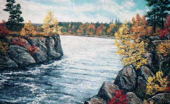 Поворот реки. Карелия Осенний  пейзаж. Картина из каменной крошки художник Кувшинов В.Н.