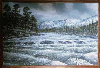 Речка  весной. Пейзаж с горами из каменной крошки   художник Кувшинов В.Н..