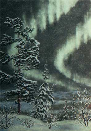 Северное сияние. Пейзаж с далёкими горами из каменной крошки художник Кувшинов В.Н.