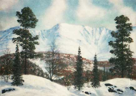Горный пейзаж с соснами. Пейзаж с  горами из каменной крошки художник Кувшинов В.Н.
