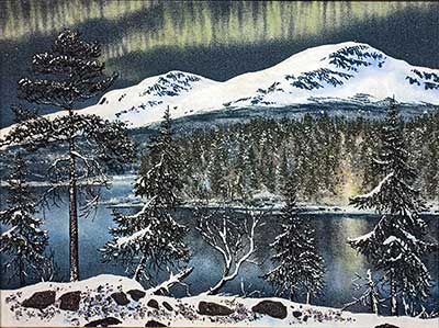 Костер в ночи.  Картина с северным сиянием для интерьера из камня