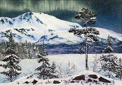 Северное сияние  над горами.  Картина из каменной крошки. Художник Кувшинов В.Н.  Стоимость картины 1500 рублей