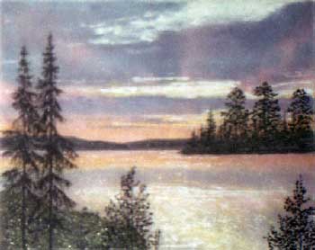 Пейзаж с закатом.2003 год. Картина для интерьера.  из каменной крошки художник Кувшинов В.Н.